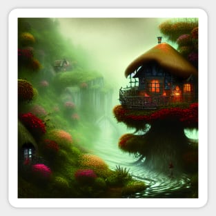 Sparkling Fantasy Cottage with Lights and Glitter Background in Forest, Scenery Nature Sticker